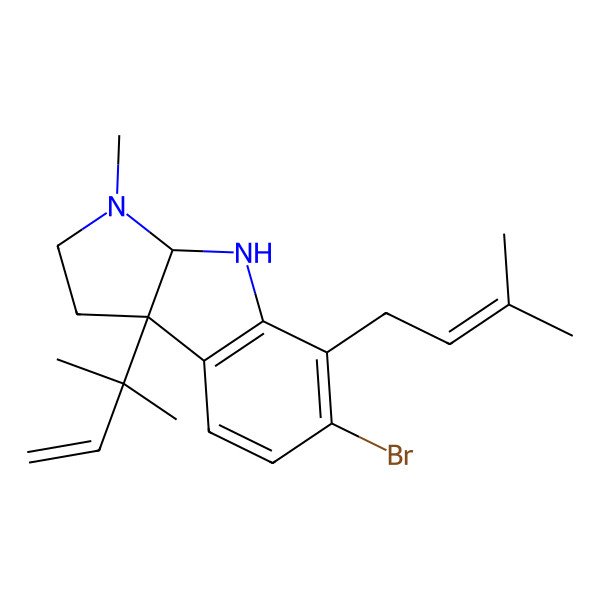 2D Structure of 6-Bromo-3-methyl-8b-(2-methylbut-3-en-2-yl)-5-(3-methylbut-2-enyl)-1,2,3a,4-tetrahydropyrrolo[2,3-b]indole