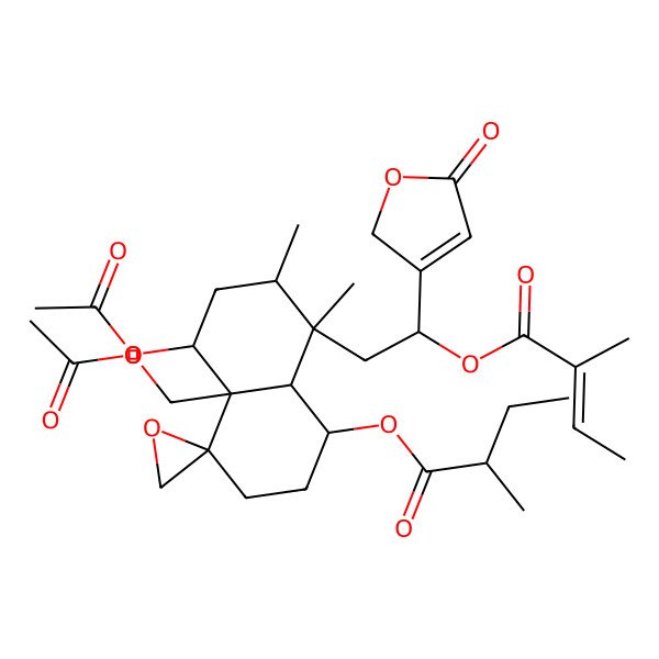 2D Structure of [5-acetyloxy-4a-(acetyloxymethyl)-7,8-dimethyl-8-[2-(2-methylbut-2-enoyloxy)-2-(5-oxo-2H-furan-3-yl)ethyl]spiro[2,3,5,6,7,8a-hexahydro-1H-naphthalene-4,2'-oxirane]-1-yl] 2-methylbutanoate