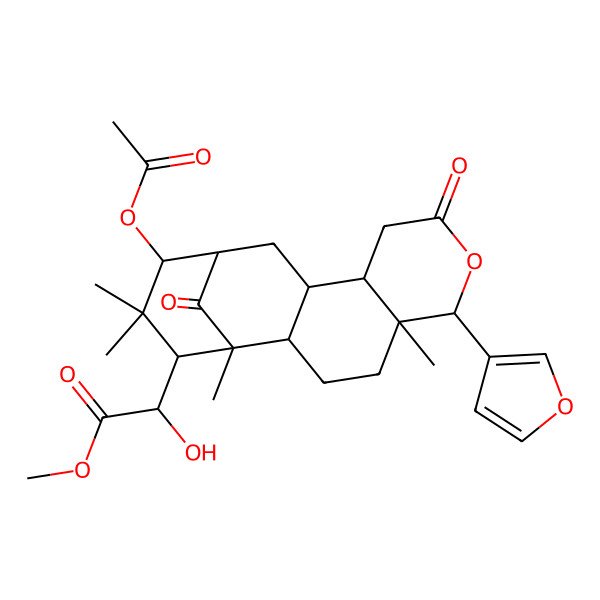 2D Structure of methyl (2R)-2-[(1R,2R,5R,6S,10R,11R,13S,14R,16S)-14-acetyloxy-6-(furan-3-yl)-1,5,15,15-tetramethyl-8,17-dioxo-7-oxatetracyclo[11.3.1.02,11.05,10]heptadecan-16-yl]-2-hydroxyacetate