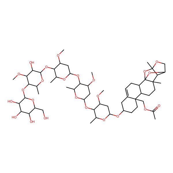2D Structure of [(1S,2R,7S,10S,11S,14R,15R,16R,19S)-7-[(2R,4R,5R)-5-[(2S,4R,5R)-5-[(2S,4R,5R)-5-[(2S,4R,5R)-3-hydroxy-4-methoxy-6-methyl-5-[(2S,4S,5S)-3,4,5-trihydroxy-6-(hydroxymethyl)oxan-2-yl]oxyoxan-2-yl]oxy-4-methoxy-6-methyloxan-2-yl]oxy-4-methoxy-6-methyloxan-2-yl]oxy-4-methoxy-6-methyloxan-2-yl]oxy-14,16-dimethyl-17,20,21-trioxahexacyclo[14.4.1.01,14.02,11.05,10.015,19]henicos-4-en-10-yl]methyl acetate