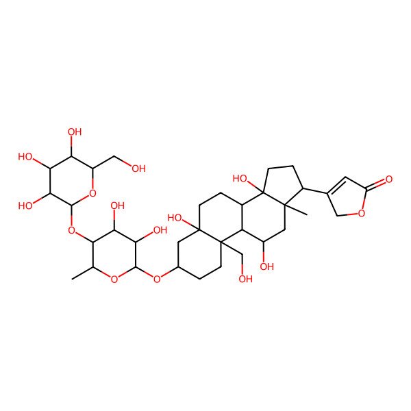 2D Structure of 3-[3-[3,4-dihydroxy-6-methyl-5-[3,4,5-trihydroxy-6-(hydroxymethyl)oxan-2-yl]oxyoxan-2-yl]oxy-5,11,14-trihydroxy-10-(hydroxymethyl)-13-methyl-2,3,4,6,7,8,9,11,12,15,16,17-dodecahydro-1H-cyclopenta[a]phenanthren-17-yl]-2H-furan-5-one