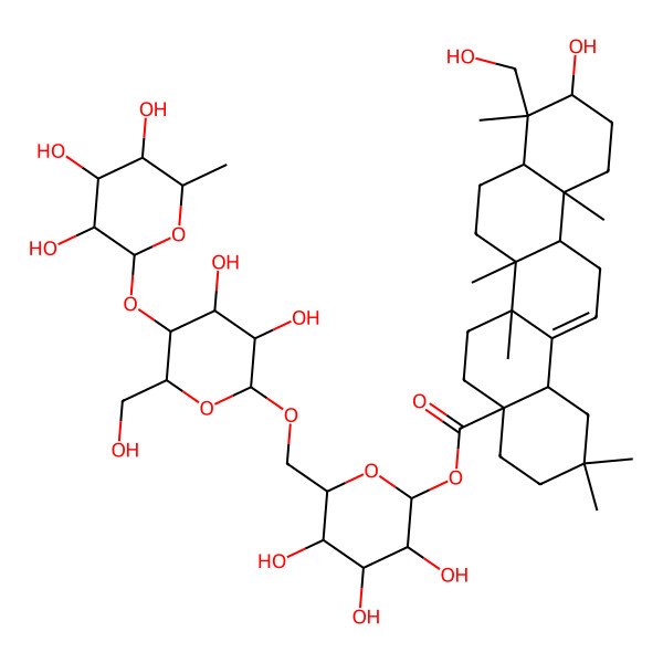 2D Structure of [(2S,3R,4S,5S,6R)-6-[[(2R,3R,4R,5S,6R)-3,4-dihydroxy-6-(hydroxymethyl)-5-[(2S,3R,4R,5R,6S)-3,4,5-trihydroxy-6-methyloxan-2-yl]oxyoxan-2-yl]oxymethyl]-3,4,5-trihydroxyoxan-2-yl] (4aS,6aR,6aR,6bR,8aR,9R,10S,12aR,14bS)-10-hydroxy-9-(hydroxymethyl)-2,2,6a,6b,9,12a-hexamethyl-1,3,4,5,6,6a,7,8,8a,10,11,12,13,14b-tetradecahydropicene-4a-carboxylate