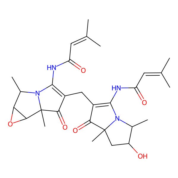 2D Structure of N-[2-[[1,5-dimethyl-7-(3-methylbut-2-enoylamino)-9-oxo-3-oxa-6-azatricyclo[4.3.0.02,4]non-7-en-8-yl]methyl]-6-hydroxy-5,8-dimethyl-1-oxo-6,7-dihydro-5H-pyrrolizin-3-yl]-3-methylbut-2-enamide