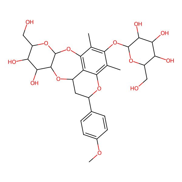 2D Structure of 2-[[6,7-Dihydroxy-5-(hydroxymethyl)-12-(4-methoxyphenyl)-15,17-dimethyl-2,4,9,13-tetraoxatetracyclo[8.7.1.03,8.014,18]octadeca-1(18),14,16-trien-16-yl]oxy]-6-(hydroxymethyl)oxane-3,4,5-triol