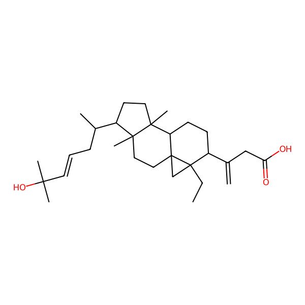 2D Structure of 3-[(1S,4R,5R,8S,9S,12S,13R)-13-ethyl-5-[(E,2R)-6-hydroxy-6-methylhept-4-en-2-yl]-4,8-dimethyl-12-tetracyclo[7.5.0.01,13.04,8]tetradecanyl]but-3-enoic acid