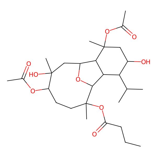 2D Structure of [(1R,2S,3R,5R,6R,7R,8R,9R,12S,13S)-3,12-diacetyloxy-5,13-dihydroxy-3,9,13-trimethyl-6-propan-2-yl-15-oxatricyclo[6.6.1.02,7]pentadecan-9-yl] butanoate