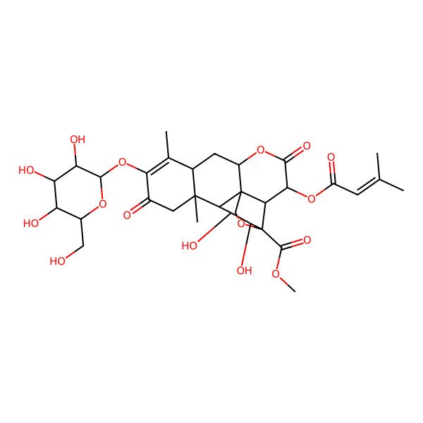 2D Structure of methyl (1S,2R,3R,6R,8R,13S,14R,15R,16S,17S)-15,16-dihydroxy-9,13-dimethyl-3-(3-methylbut-2-enoyloxy)-4,11-dioxo-10-[(2S,3R,4S,5R,6R)-3,4,5-trihydroxy-6-(hydroxymethyl)oxan-2-yl]oxy-5,18-dioxapentacyclo[12.5.0.01,6.02,17.08,13]nonadec-9-ene-17-carboxylate