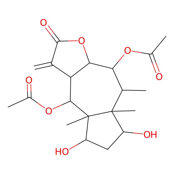 2D Structure of (9-Acetyloxy-6,8-dihydroxy-5,5a,8a-trimethyl-1-methylidene-2-oxo-3a,4,5,6,7,8,9,9a-octahydroazuleno[6,7-b]furan-4-yl) acetate
