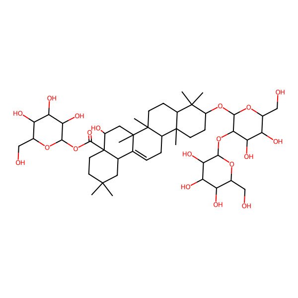 2D Structure of [3,4,5-Trihydroxy-6-(hydroxymethyl)oxan-2-yl] 10-[4,5-dihydroxy-6-(hydroxymethyl)-3-[3,4,5-trihydroxy-6-(hydroxymethyl)oxan-2-yl]oxyoxan-2-yl]oxy-5-hydroxy-2,2,6a,6b,9,9,12a-heptamethyl-1,3,4,5,6,6a,7,8,8a,10,11,12,13,14b-tetradecahydropicene-4a-carboxylate