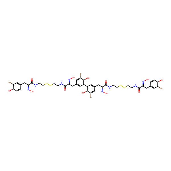 2D Structure of N-[2-[2-[[3-[3-bromo-5-[3-bromo-5-[3-[2-[2-[[3-(3-bromo-4-hydroxyphenyl)-2-hydroxyiminopropanoyl]amino]ethyldisulfanyl]ethylamino]-2-hydroxyimino-3-oxopropyl]-2-hydroxyphenyl]-4-hydroxyphenyl]-2-hydroxyiminopropanoyl]amino]ethyldisulfanyl]ethyl]-3-(3-bromo-4-hydroxyphenyl)-2-hydroxyiminopropanamide