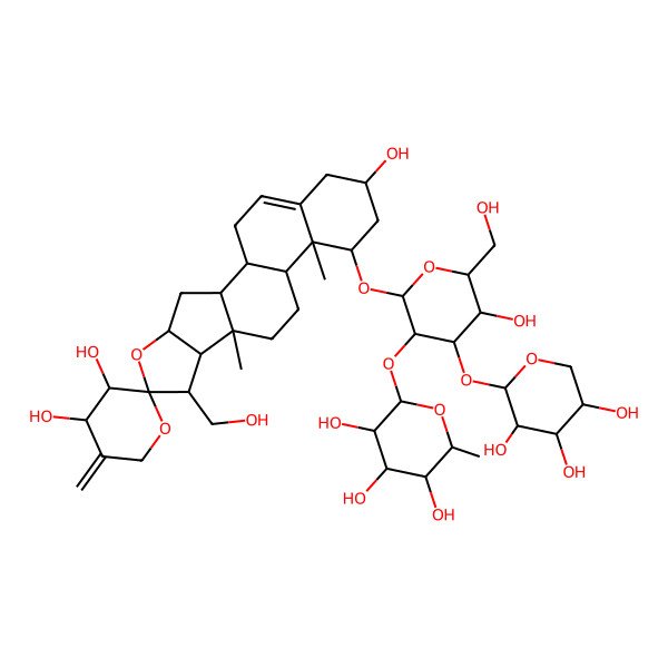 2D Structure of 14-[5-Hydroxy-6-(hydroxymethyl)-3-(3,4,5-trihydroxy-6-methyloxan-2-yl)oxy-4-(3,4,5-trihydroxyoxan-2-yl)oxyoxan-2-yl]oxy-7-(hydroxymethyl)-9,13-dimethyl-5'-methylidenespiro[5-oxapentacyclo[10.8.0.02,9.04,8.013,18]icos-18-ene-6,2'-oxane]-3',4',16-triol