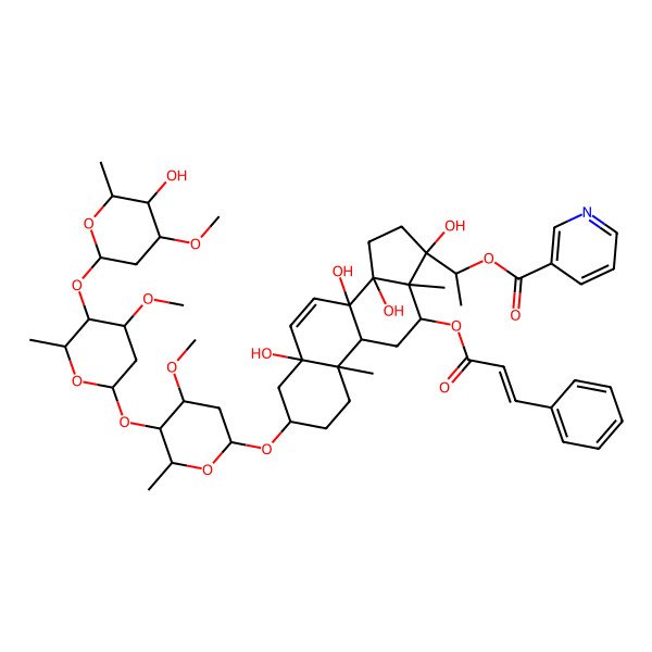 2D Structure of 1-[(3S,5S,8S,9R,10R,13R,14R,17S)-5,8,14,17-tetrahydroxy-3-[(2R,4S,5R,6R)-5-[(2S,4S,5R,6R)-5-[(2S,4R,5R,6R)-5-hydroxy-4-methoxy-6-methyloxan-2-yl]oxy-4-methoxy-6-methyloxan-2-yl]oxy-4-methoxy-6-methyloxan-2-yl]oxy-10,13-dimethyl-12-[(E)-3-phenylprop-2-enoyl]oxy-2,3,4,9,11,12,15,16-octahydro-1H-cyclopenta[a]phenanthren-17-yl]ethyl pyridine-3-carboxylate