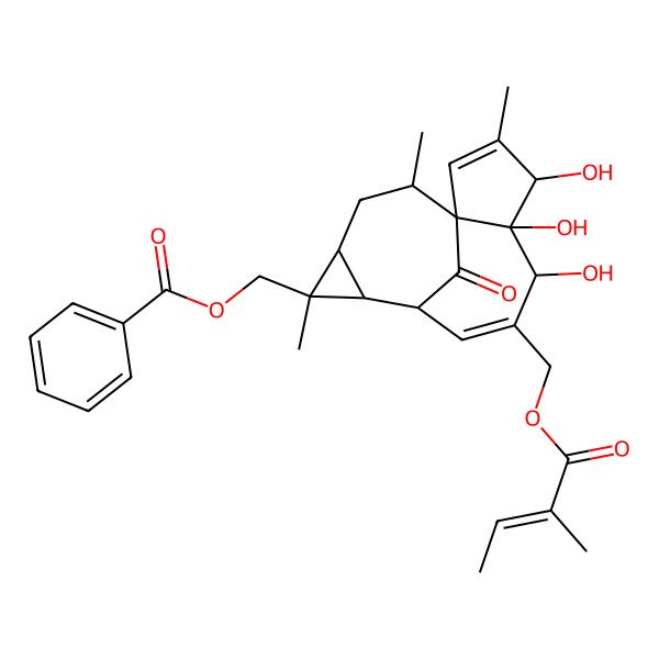 2D Structure of [(1S,4S,5R,6R,9S,10R,11R,12R,14R)-4,5,6-trihydroxy-3,11,14-trimethyl-7-[[(Z)-2-methylbut-2-enoyl]oxymethyl]-15-oxo-11-tetracyclo[7.5.1.01,5.010,12]pentadeca-2,7-dienyl]methyl benzoate