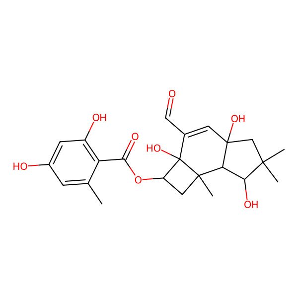 2D Structure of [(2R,2aS,4aS,7R,7aS,7bR)-3-formyl-2a,4a,7-trihydroxy-6,6,7b-trimethyl-2,5,7,7a-tetrahydro-1H-cyclobuta[e]inden-2-yl] 2,4-dihydroxy-6-methylbenzoate