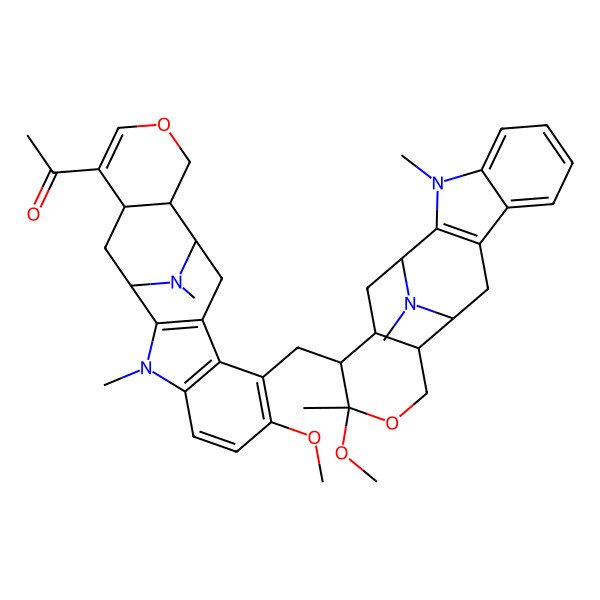 2D Structure of 1-[(12S,13R,18R)-7-methoxy-8-[[(12S,13R,17S,18R)-16-methoxy-3,16,20-trimethyl-15-oxa-3,20-diazapentacyclo[10.7.1.02,10.04,9.013,18]icosa-2(10),4,6,8-tetraen-17-yl]methyl]-3,20-dimethyl-15-oxa-3,20-diazapentacyclo[10.7.1.02,10.04,9.013,18]icosa-2(10),4(9),5,7,16-pentaen-17-yl]ethanone