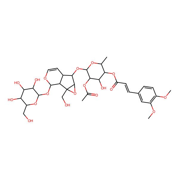 2D Structure of [(2S,3R,4R,5R,6S)-5-acetyloxy-4-hydroxy-6-[[(1S,2S,4S,5S,6R,10S)-2-(hydroxymethyl)-10-[(2S,3R,4S,5S,6R)-3,4,5-trihydroxy-6-(hydroxymethyl)oxan-2-yl]oxy-3,9-dioxatricyclo[4.4.0.02,4]dec-7-en-5-yl]oxy]-2-methyloxan-3-yl] (E)-3-(3,4-dimethoxyphenyl)prop-2-enoate