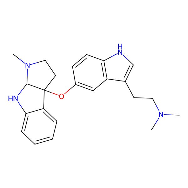 2D Structure of N,N-dimethyl-2-[5-[(3-methyl-1,2,3a,4-tetrahydropyrrolo[2,3-b]indol-8b-yl)oxy]-1H-indol-3-yl]ethanamine
