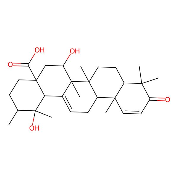 2D Structure of (1R,2R,4aS,6S,6aR,6aS,6bR,8aR,12aR,14bS)-1,6-dihydroxy-1,2,6a,6b,9,9,12a-heptamethyl-10-oxo-3,4,5,6,6a,7,8,8a,13,14b-decahydro-2H-picene-4a-carboxylic acid