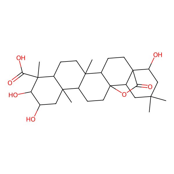 2D Structure of 10,11,22-Trihydroxy-5,9,13,20,20-pentamethyl-23-oxo-24-oxahexacyclo[15.5.2.01,18.04,17.05,14.08,13]tetracosane-9-carboxylic acid