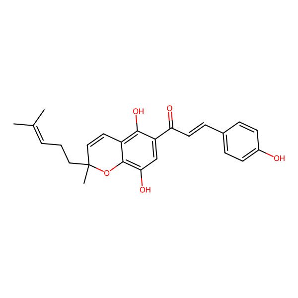 2D Structure of (E)-1-[(2S)-5,8-dihydroxy-2-methyl-2-(4-methylpent-3-enyl)chromen-6-yl]-3-(4-hydroxyphenyl)prop-2-en-1-one