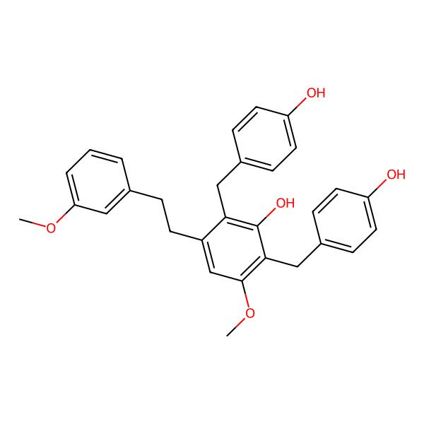 2D Structure of 2,6-Bis[(4-hydroxyphenyl)methyl]-3-methoxy-5-[2-(3-methoxyphenyl)ethyl]phenol