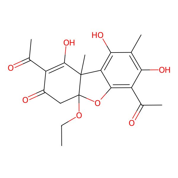 2D Structure of 2,6-diacetyl-4a-ethoxy-1,7,9-trihydroxy-8,9b-dimethyl-4H-dibenzofuran-3-one