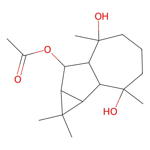 2D Structure of (2,6-Dihydroxy-1,1,2,6-tetramethyl-1a,1b,3,4,5,6a,7,7a-octahydrocyclopropa[a]azulen-7-yl) acetate