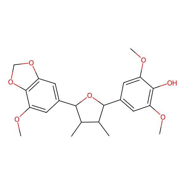 2D Structure of 2,6-dimethoxy-4-[(2S,3R,4R,5R)-5-(7-methoxy-1,3-benzodioxol-5-yl)-3,4-dimethyloxolan-2-yl]phenol