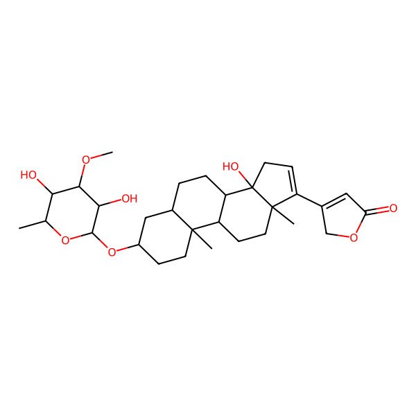 2D Structure of 3-[(3S,5R,8R,9S,10S,13R,14S)-3-[(2R,3R,4R,5S,6S)-3,5-dihydroxy-4-methoxy-6-methyloxan-2-yl]oxy-14-hydroxy-10,13-dimethyl-1,2,3,4,5,6,7,8,9,11,12,15-dodecahydrocyclopenta[a]phenanthren-17-yl]-2H-furan-5-one