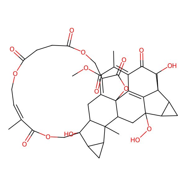2D Structure of Methyl 2-(25-hydroperoxy-18,30-dihydroxy-14,22,29-trimethyl-3,7,10,15,31-pentaoxo-2,6,11,16-tetraoxanonacyclo[16.15.3.125,29.01,23.04,34.019,21.022,36.026,28.033,37]heptatriaconta-4(34),13,33(37)-trien-32-ylidene)propanoate