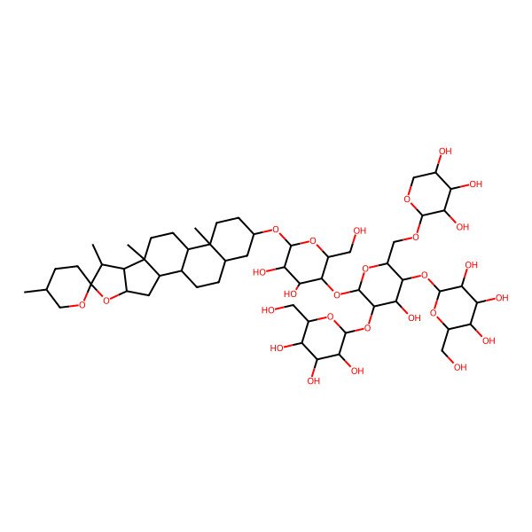 2D Structure of (2S,3R,4S,5R,6R)-2-[(2R,3S,4S,5R,6S)-6-[(2R,3S,4R,5R,6R)-4,5-dihydroxy-2-(hydroxymethyl)-6-[(1R,2S,4S,5'S,6R,7S,8R,9S,12S,13S,16S,18R)-5',7,9,13-tetramethylspiro[5-oxapentacyclo[10.8.0.02,9.04,8.013,18]icosane-6,2'-oxane]-16-yl]oxyoxan-3-yl]oxy-4-hydroxy-5-[(2S,3R,4S,5S,6R)-3,4,5-trihydroxy-6-(hydroxymethyl)oxan-2-yl]oxy-2-[[(2S,3R,4S,5R)-3,4,5-trihydroxyoxan-2-yl]oxymethyl]oxan-3-yl]oxy-6-(hydroxymethyl)oxane-3,4,5-triol