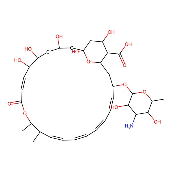 2D Structure of (1R,3S,5R,6R,7Z,11R,12S,13Z,15Z,17Z,19Z,21R,23S,24R,25S)-21-[(2R,3S,4S,5S,6R)-4-amino-3,5-dihydroxy-6-methyloxan-2-yl]oxy-1,3,5,6,25-pentahydroxy-11,12-dimethyl-9-oxo-10,27-dioxabicyclo[21.3.1]heptacosa-7,13,15,17,19-pentaene-24-carboxylic acid