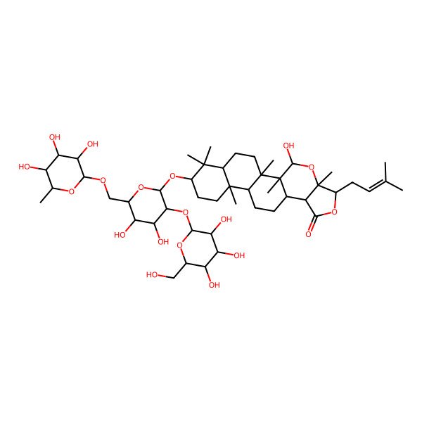 2D Structure of (1R,2R,3S,5R,6R,9S,10R,13R,14R,17S,19S)-17-[(2R,3R,4S,5S,6R)-4,5-dihydroxy-3-[(2S,3R,4S,5S,6R)-3,4,5-trihydroxy-6-(hydroxymethyl)oxan-2-yl]oxy-6-[[(2R,3R,4R,5R,6S)-3,4,5-trihydroxy-6-methyloxan-2-yl]oxymethyl]oxan-2-yl]oxy-3-hydroxy-1,2,5,14,18,18-hexamethyl-6-(3-methylbut-2-enyl)-4,7-dioxapentacyclo[11.8.0.02,10.05,9.014,19]henicosan-8-one