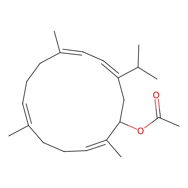 2D Structure of (2,6,10-Trimethyl-13-propan-2-ylcyclotetradeca-2,6,10,12-tetraen-1-yl) acetate