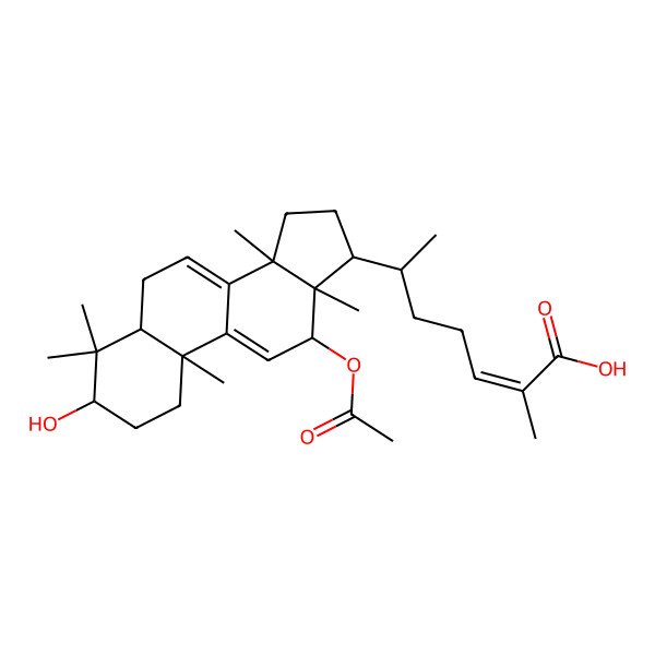 2D Structure of (Z,6R)-6-[(3S,5R,10S,12R,13R,14S,17R)-12-acetyloxy-3-hydroxy-4,4,10,13,14-pentamethyl-2,3,5,6,12,15,16,17-octahydro-1H-cyclopenta[a]phenanthren-17-yl]-2-methylhept-2-enoic acid