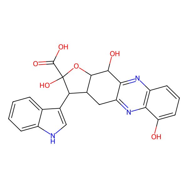 2D Structure of 2,6,11-trihydroxy-3-(1H-indol-3-yl)-3a,4,11,11a-tetrahydro-3H-furo[2,3-b]phenazine-2-carboxylic acid