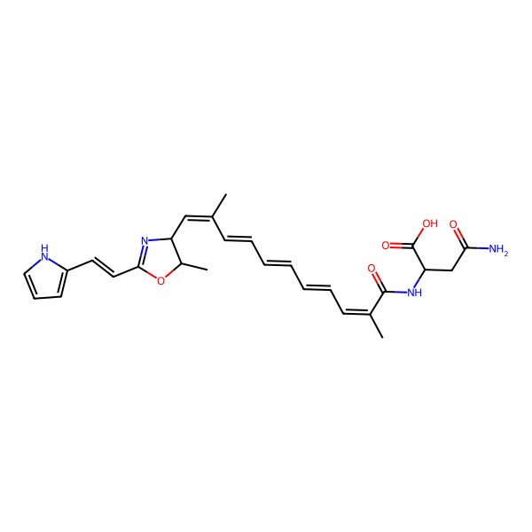 2D Structure of 4-amino-2-[[2,10-dimethyl-11-[5-methyl-2-[2-(1H-pyrrol-2-yl)ethenyl]-4,5-dihydro-1,3-oxazol-4-yl]undeca-2,4,6,8,10-pentaenoyl]amino]-4-oxobutanoic acid