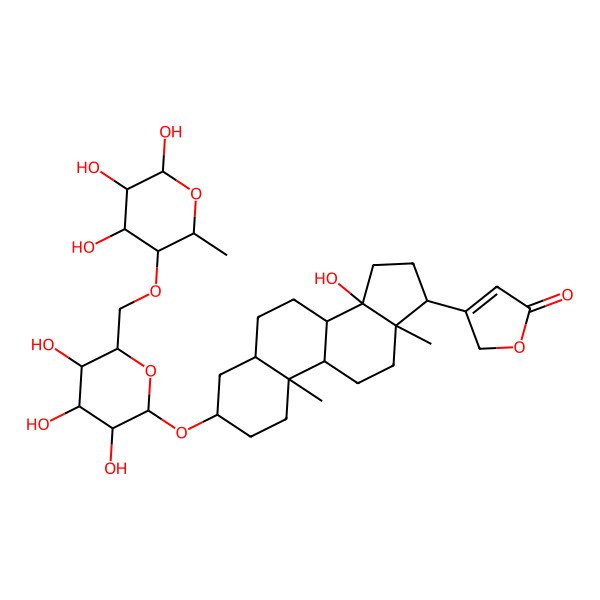 2D Structure of 3-[(3S,5S,10S,13R,14S,17R)-14-hydroxy-10,13-dimethyl-3-[(2R,5R)-3,4,5-trihydroxy-6-[[(3R,6S)-4,5,6-trihydroxy-2-methyloxan-3-yl]oxymethyl]oxan-2-yl]oxy-1,2,3,4,5,6,7,8,9,11,12,15,16,17-tetradecahydrocyclopenta[a]phenanthren-17-yl]-2H-furan-5-one