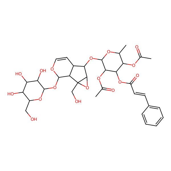 2D Structure of [(2S,3R,4R,5S,6S)-3,5-diacetyloxy-2-[[(1S,2S,4S,5S,6S,10S)-2-(hydroxymethyl)-10-[(2S,3R,4S,5S,6R)-3,4,5-trihydroxy-6-(hydroxymethyl)oxan-2-yl]oxy-3,9-dioxatricyclo[4.4.0.02,4]dec-7-en-5-yl]oxy]-6-methyloxan-4-yl] (E)-3-phenylprop-2-enoate