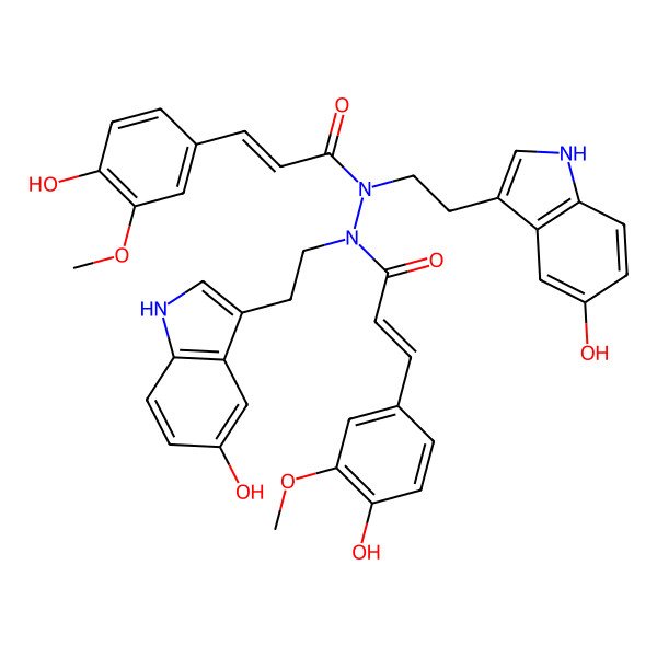 2D Structure of N,N'-bis[2-(5-hydroxy-1H-indol-3-yl)ethyl]-3-(4-hydroxy-3-methoxyphenyl)-N'-[3-(4-hydroxy-3-methoxyphenyl)prop-2-enoyl]prop-2-enehydrazide