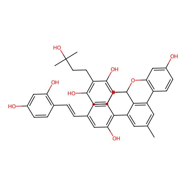 2D Structure of 1-[2,4-Dihydroxy-3-(3-hydroxy-3-methylbutyl)phenyl]-17-[2-(2,4-dihydroxyphenyl)ethenyl]-11-methyl-2,20-dioxapentacyclo[11.7.1.03,8.09,21.014,19]henicosa-3(8),4,6,9(21),10,12,14,16,18-nonaene-5,15-diol