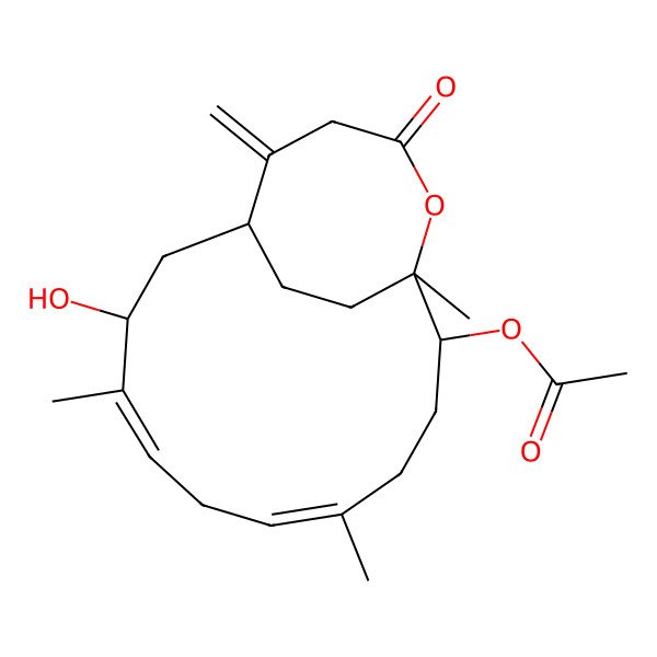 2D Structure of [(1R,3R,4E,7E,11S,12R)-3-hydroxy-4,8,12-trimethyl-16-methylidene-14-oxo-13-oxabicyclo[10.4.2]octadeca-4,7-dien-11-yl] acetate