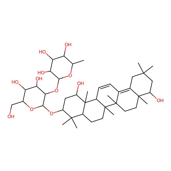 2D Structure of (2S,3R,4R,5R,6S)-2-[(2R,3R,4S,5S,6R)-2-[[(1R,3S,4aS,6aR,6bS,8aR,9R,14aS,14bS)-1,9-dihydroxy-4,4,6a,6b,8a,11,11,14b-octamethyl-1,2,3,4a,5,6,7,8,9,10,12,14a-dodecahydropicen-3-yl]oxy]-4,5-dihydroxy-6-(hydroxymethyl)oxan-3-yl]oxy-6-methyloxane-3,4,5-triol