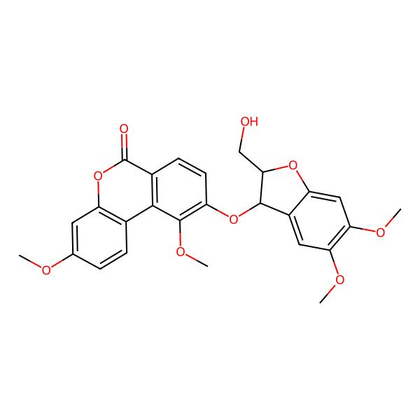 2D Structure of 9-[[(2S,3R)-2-(hydroxymethyl)-5,6-dimethoxy-2,3-dihydro-1-benzofuran-3-yl]oxy]-3,10-dimethoxybenzo[c]chromen-6-one