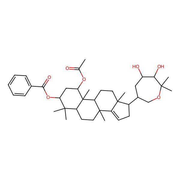 2D Structure of [(1S,3R,5R,8R,9S,10R,13S,17S)-1-acetyloxy-17-[(3R,5R,6S)-5,6-dihydroxy-7,7-dimethyloxepan-3-yl]-4,4,8,10,13-pentamethyl-2,3,5,6,7,9,11,12,16,17-decahydro-1H-cyclopenta[a]phenanthren-3-yl] benzoate