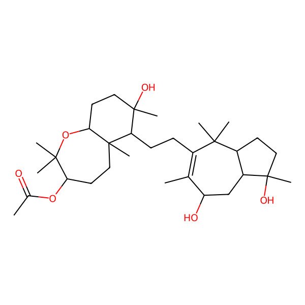 2D Structure of [(3R,5aR,6R,7S,9aR)-6-[2-[(1R,3aR,7R,8aR)-1,7-dihydroxy-1,4,4,6-tetramethyl-2,3,3a,7,8,8a-hexahydroazulen-5-yl]ethyl]-7-hydroxy-2,2,5a,7-tetramethyl-4,5,6,8,9,9a-hexahydro-3H-benzo[b]oxepin-3-yl] acetate