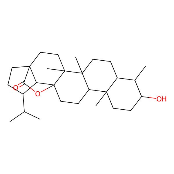 2D Structure of 10-Hydroxy-4,5,9,13-tetramethyl-19-propan-2-yl-23-oxahexacyclo[15.4.2.01,18.04,17.05,14.08,13]tricosan-22-one