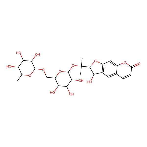 2D Structure of 3-Hydroxy-2-[2-[3,4,5-trihydroxy-6-[(3,4,5-trihydroxy-6-methyloxan-2-yl)oxymethyl]oxan-2-yl]oxypropan-2-yl]-2,3-dihydrofuro[3,2-g]chromen-7-one