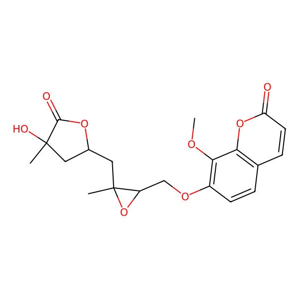 2D Structure of 7-[[(2R,3R)-3-[[(2S,4R)-4-hydroxy-4-methyl-5-oxooxolan-2-yl]methyl]-3-methyloxiran-2-yl]methoxy]-8-methoxychromen-2-one