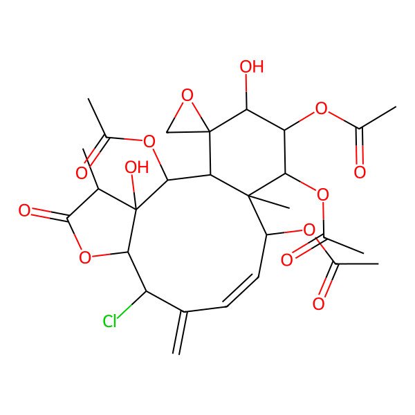 2D Structure of (2,14,15-Triacetyloxy-8-chloro-3,16-dihydroxy-4,13-dimethyl-9-methylidene-5-oxospiro[6-oxatricyclo[11.4.0.03,7]heptadec-10-ene-17,2'-oxirane]-12-yl) acetate